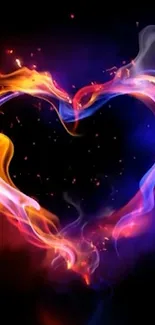 Colorful heart flame on dark background wallpaper.