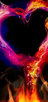 Heart-shaped flame with vibrant colors on a black background.