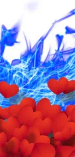 Red hearts with electric blue flames mobile phone wallpaper.