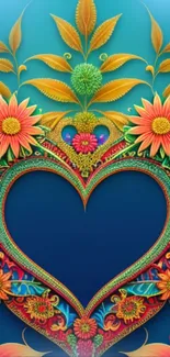 Vibrant heart floral design with colorful details and blue background.