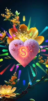 Vibrant heart with neon floral design on dark background.