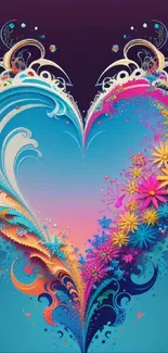 Heart-shaped vibrant floral art in blue and pink colors.