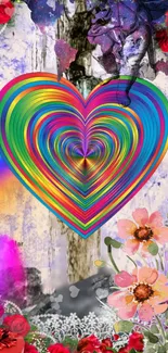 Vibrant rainbow heart with floral accents and abstract background.