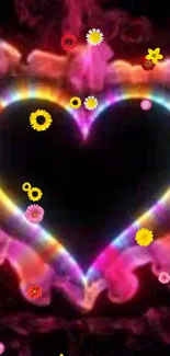 Vibrant neon heart wallpaper with colorful flowers on black background.