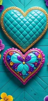 Vibrant heart-themed wallpaper with floral accents.