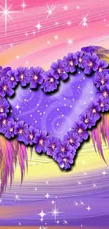 Heart-shaped floral design with purple flowers on a colorful gradient background.