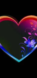 Colorful heart-shaped floral wallpaper with black background.