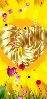 Golden heart with colorful flowers on yellow background.