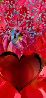 Vibrant mobile wallpaper with red floral heart design.