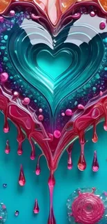 Vibrant heart fluid art with colorful paint droplets in teal and pink.