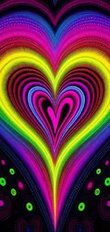 Vibrant neon heart fractal art wallpaper with a mesmerizing pattern.