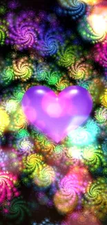 Purple heart with neon fractal swirls.