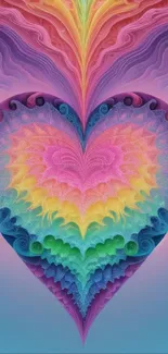 Vibrant heart-shaped fractal design with rainbow colors for phone wallpaper.