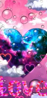 Galaxy heart on a pink cloud background with love motifs and bubbles.