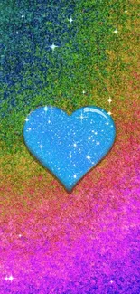 Colorful background with a sparkling blue heart at the center.