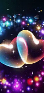 Vibrant heart galaxy with luminous colors and stars on a dark background.