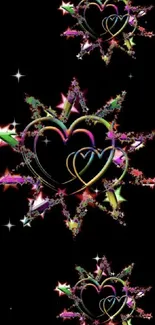 Vibrant hearts and stars on black galaxy-themed wallpaper.