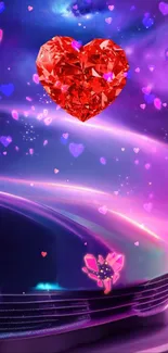 Red gemstone heart in a purple galaxy with floating pink hearts.