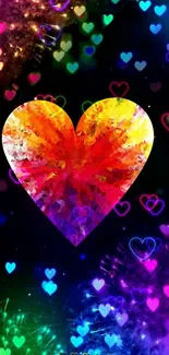 Colorful heart with glowing galaxy backdrop.