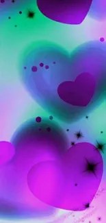 Vibrant pink and purple hearts on galaxy background wallpaper.