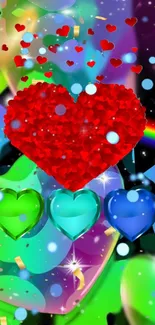 Vibrant red and blue hearts in a cosmic galaxy theme wallpaper.