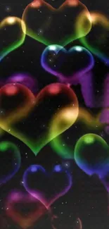 Colorful glowing hearts in a galaxy theme wallpaper.