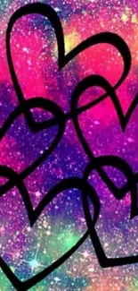 Vibrant galaxy wallpaper with black heart outlines.