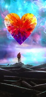 Vibrant heart floating in a galaxy sky with cosmic colors and dreamy scene.