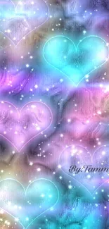 Colorful neon hearts and stars wallpaper.