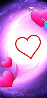 Heart-themed purple galaxy mobile wallpaper with glowing design.