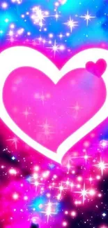 Vibrant pink heart and starry blue galaxy wallpaper.