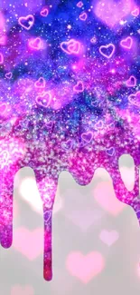 Mobile wallpaper with vibrant purple galaxy and glowing heart designs.