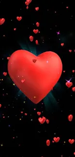 Glowing red hearts in a bright galaxy against a black background.