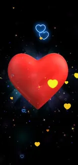 Vibrant red heart amidst colorful hearts and starry galaxy background.