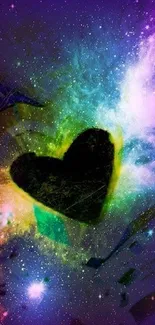 Cosmic heart in a vibrant galaxy background with mystic colors.