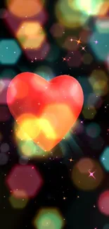 Bright heart with glowing bokeh effects, featuring colorful lights and sparkles.