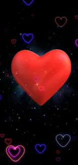 Red heart and neon galaxy on dark background wallpaper.