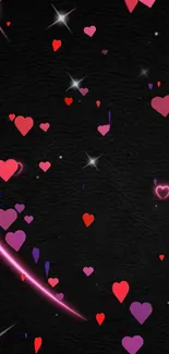 Vibrant heart shapes on black wallpaper with galaxy theme.