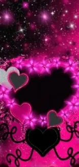 Vibrant heart-themed galaxy wallpaper with pink and black sparkles.