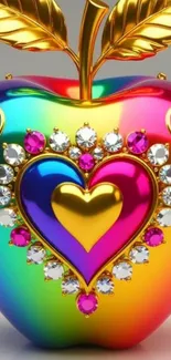 A vibrant rainbow apple with jewel heart decoration against a soft background.
