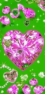 Vibrant heart and gems on a green background.