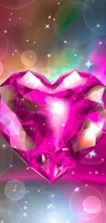 Vibrant pink heart-shaped gem with colorful cosmic background.