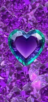 Purple and teal heart-shaped gem on crystal background.