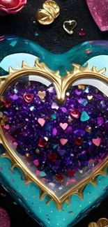 Heart-shaped gem with colorful sparkles and gold detailing on a vibrant backdrop.