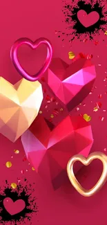 Vibrant pink wallpaper with 3D colorful heart shapes.