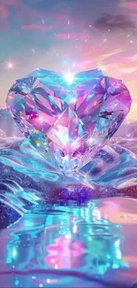 Radiant heart-shaped gem against a mystical landscape with glowing reflections.