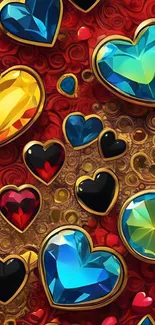 Heart-shaped gemstones art on red background.