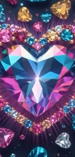 Heart-shaped vibrant gemstone wallpaper with sparkling colors.