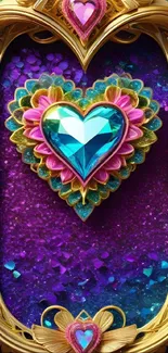 Colorful heart gemstone with ornate frame and purple background.