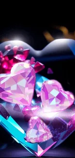 Mobile wallpaper with vibrant pink and blue gemstone hearts on a black background.